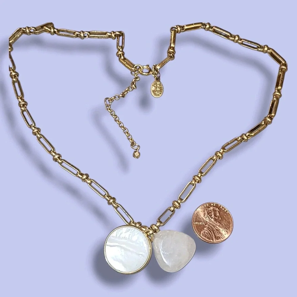 Loft Gold Tone Chain White MOP & Rose Quartz Pendent Charm‎ Necklace